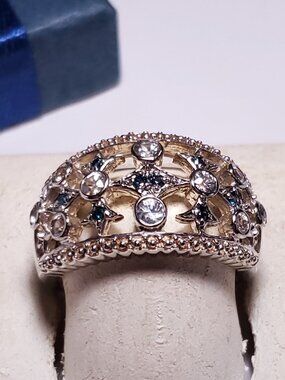 Estate .76ctw Natural Blue Diam & Sapphire open Bezel Sterling 925Band Ring24423
